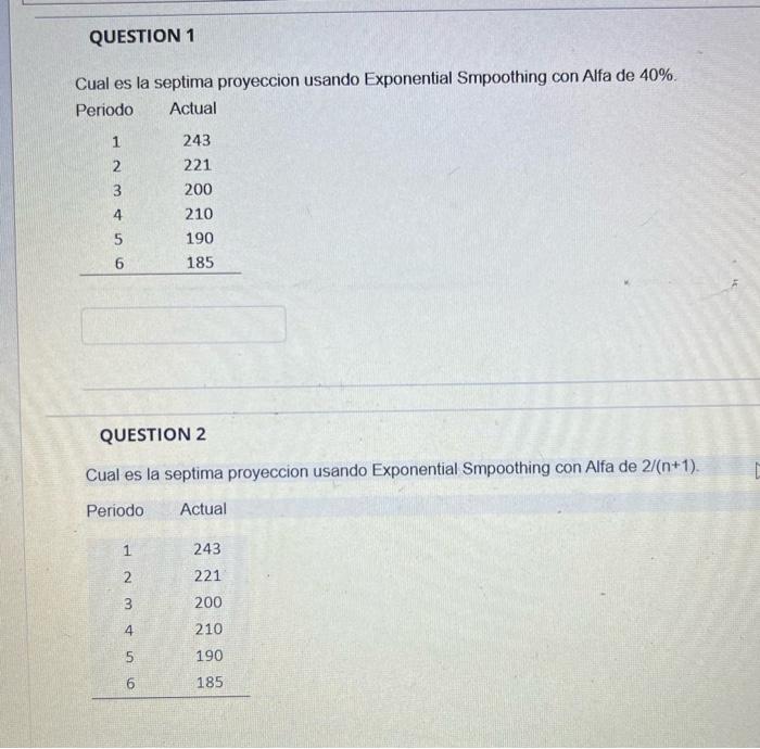  QUESTION 1 Cual es la septima proyeccion usando Exponential Smpoothing con