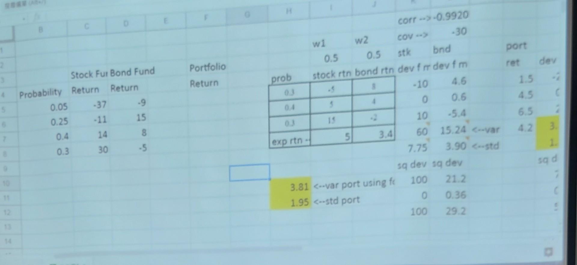  corr -> -0.9920 COV --> 0.5 2 Portfolio Return dev -