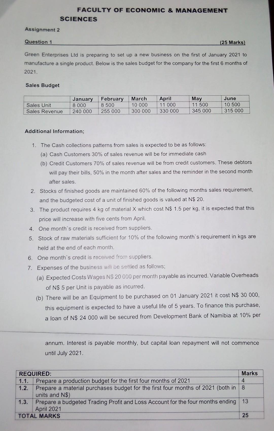 FACULTY OF ECONOMIC & MANAGEMENT SCIENCES Assignment 2 Question 1 (25