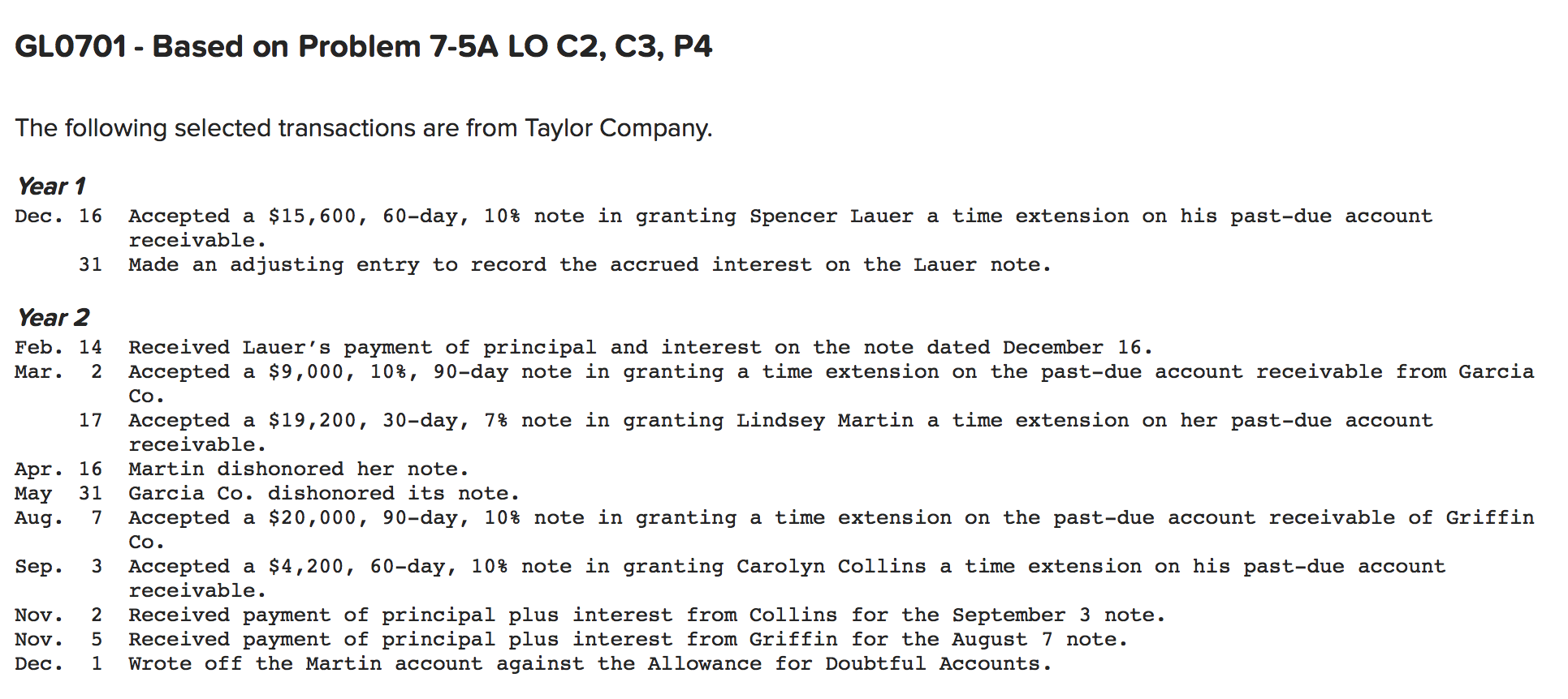  GLO701 - Based on Problem 7-5A LO C2, C3, P4 The