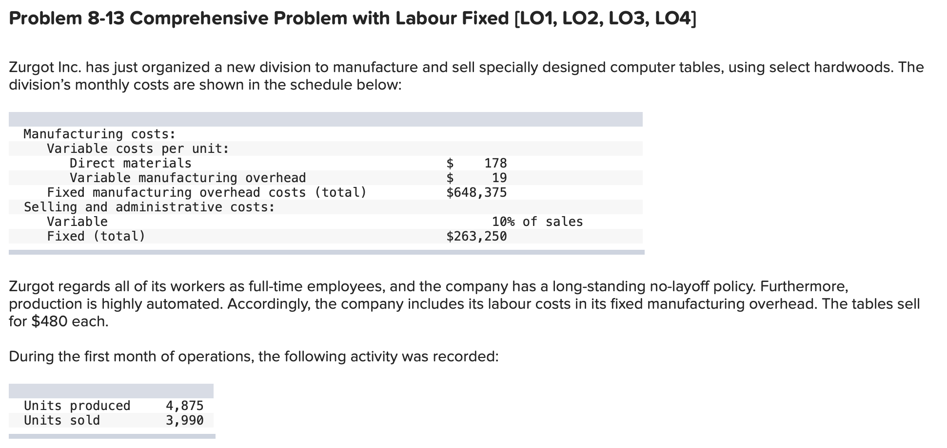  Problem 8-13 Comprehensive Problem with Labour Fixed (LO1, LO2, LO3, L04]