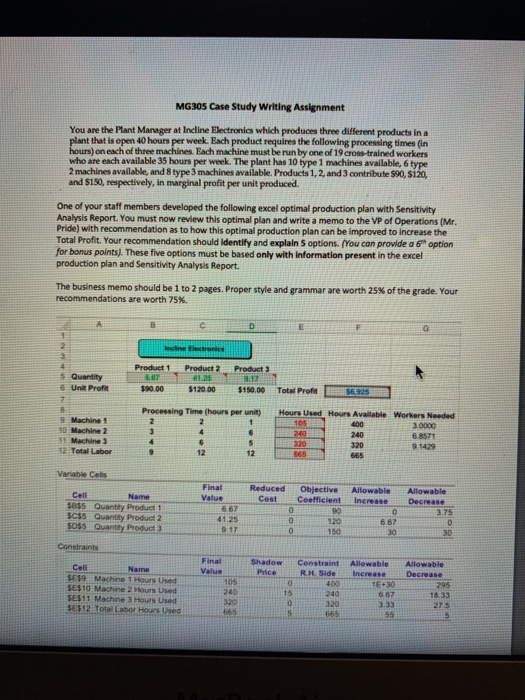 MG30 Case Study Writing Assignment You are the Plant Manager at