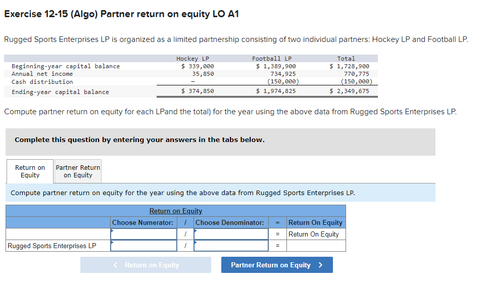  Exercise 12-15(Algo) Partner return on equity LO A1 Rugged Sports Enterprises