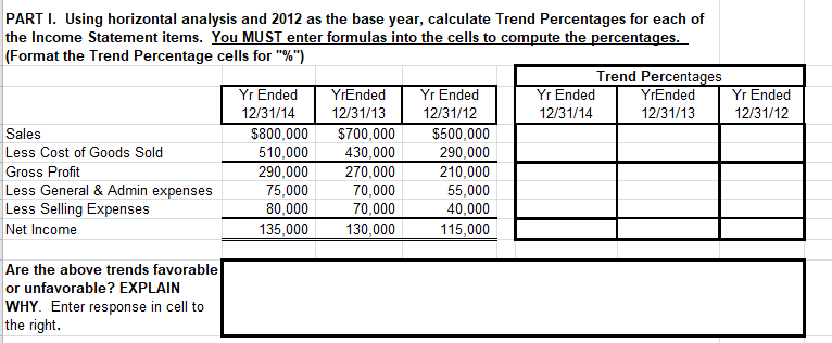  Yr Ended 12/31/12 PART I. Using horizontal analysis and 2012 as