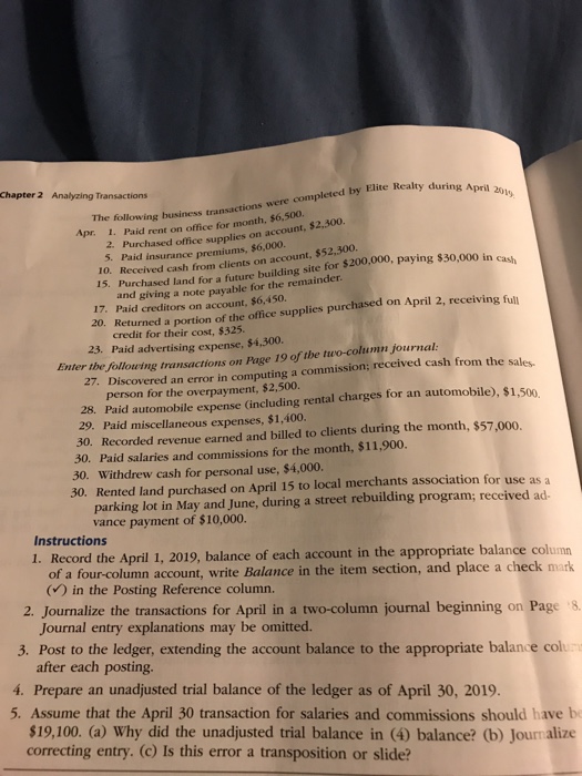  Chapter 2 Analyzing Transactions completed by Elite Realty during April 20