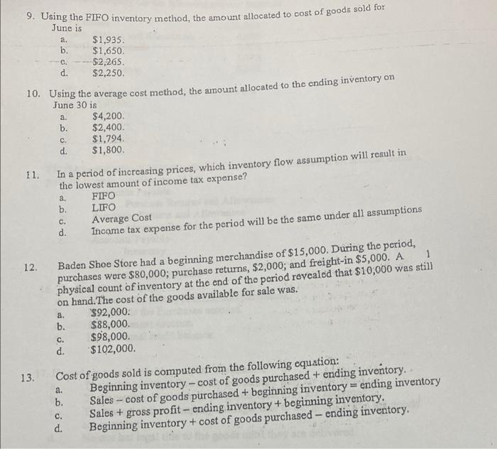 acc 114 multiple a. 9. Using the FIFO inventory method, the amount
