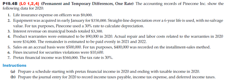 Use Excel to solve this problem P19.4B (LO 1,2,4) (Permanent and