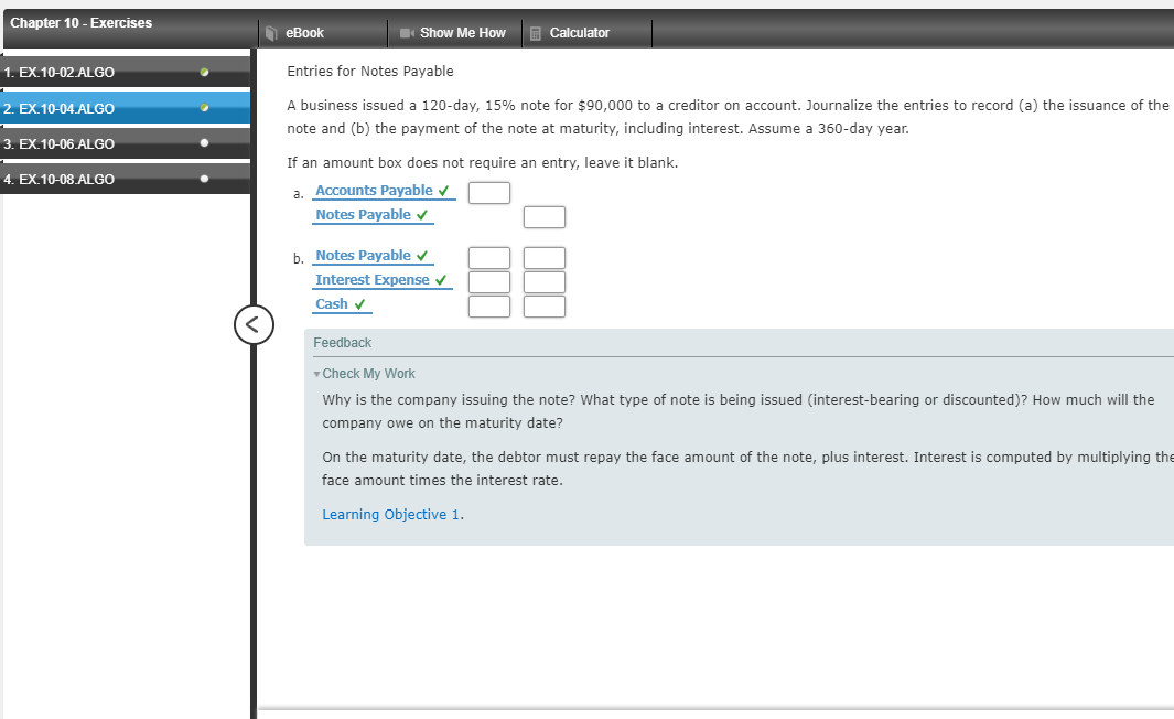 Entries for notes payable 2. EX.10-04.ALGO Bennett Enterprises issues a $504,000, 30-day,