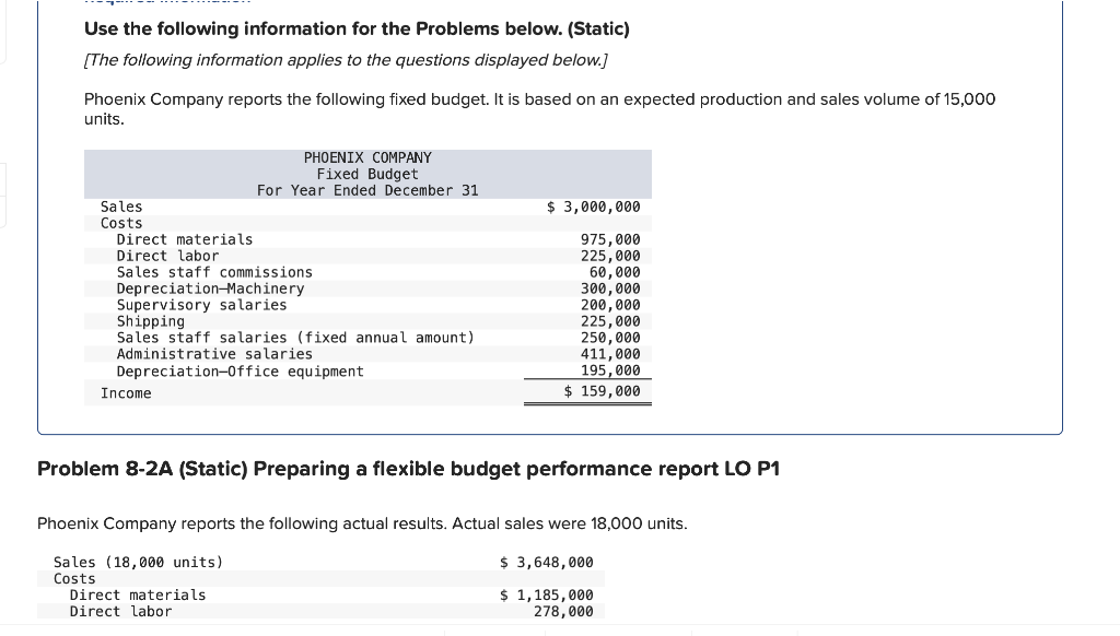  Use the following information for the Problems below. (Static) [The following