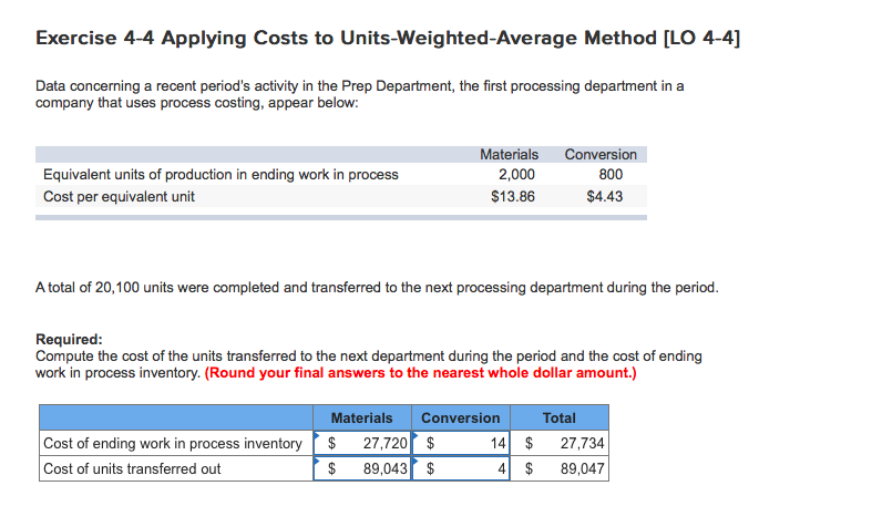  Exercise 4-4 Applying Costs to Units-Weighted-Average Method LO 4-4] Data concerning