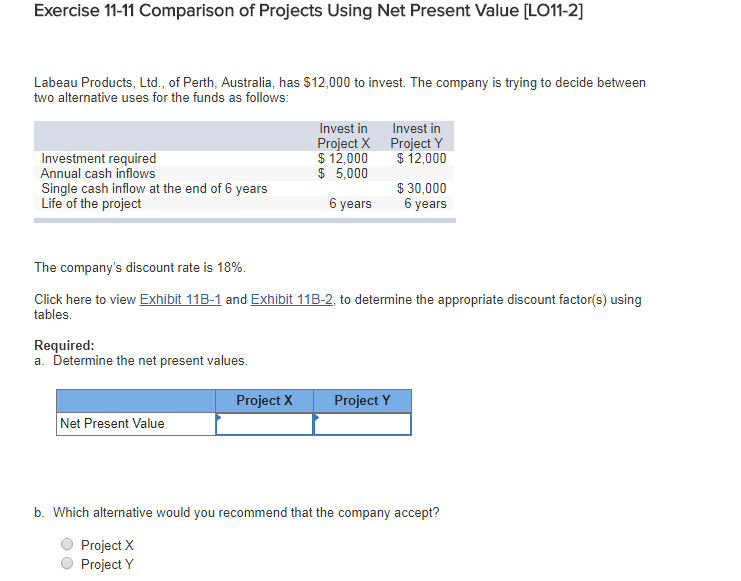 Exercise 11-11 Comparison of Projects Using Net Present Value Labeau Products, Ltd.,