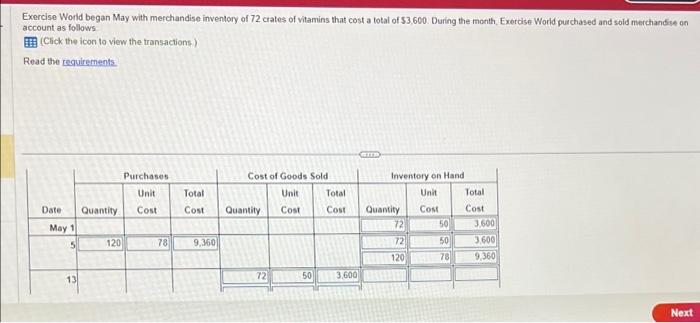  Accouting Costing Methods Help Exercise World began May with merchandise inventory