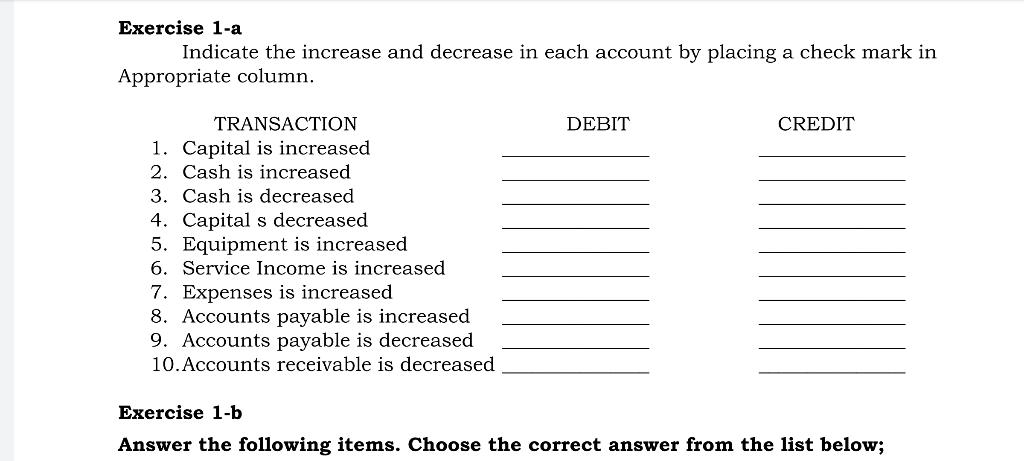  Exercise 1-a Indicate the increase and decrease in each account by