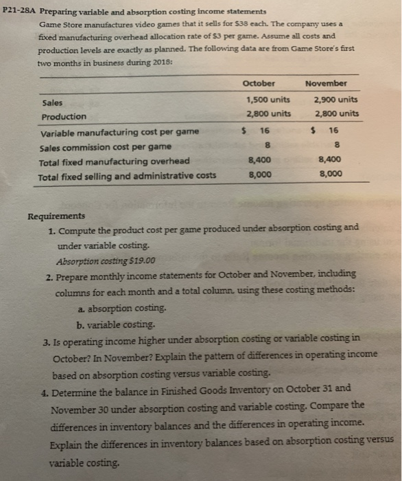  P21-28A Preparing variable and absorption costing income statements Game Store manufactures