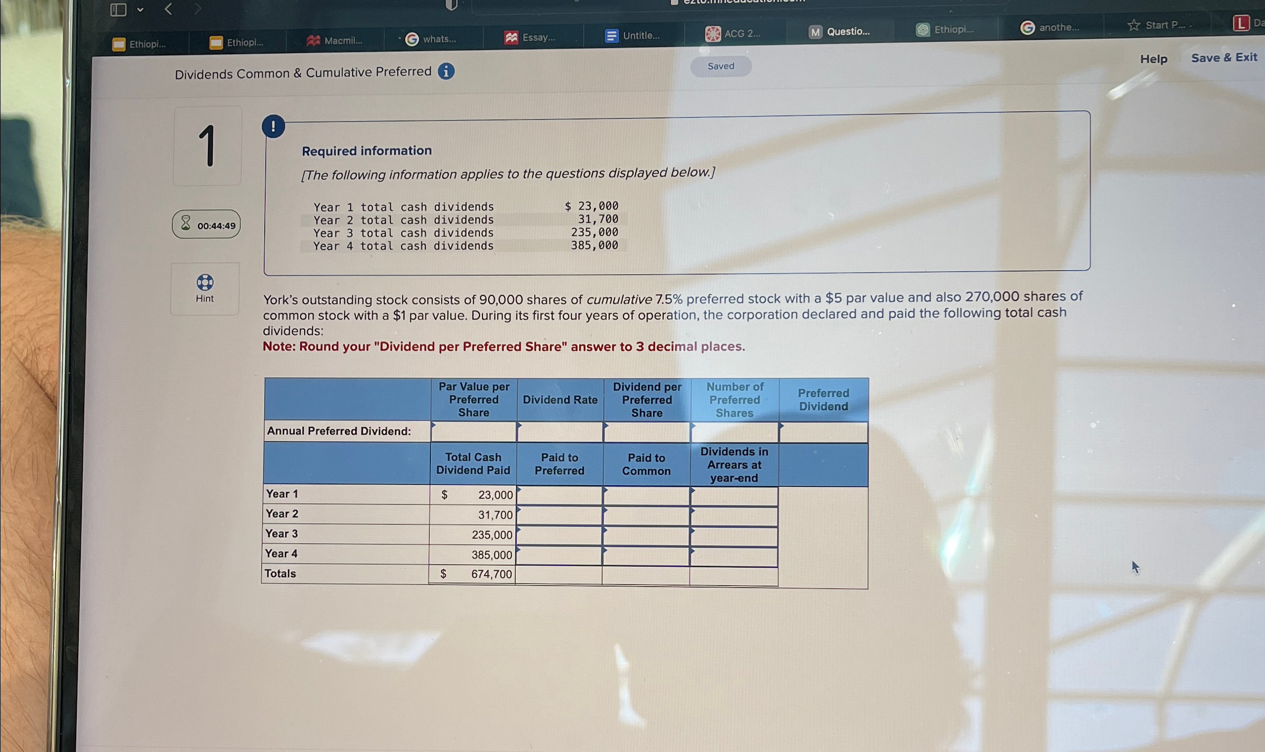 Dividends Common & Cumulative Preferred Saved Help Save & Exit 1