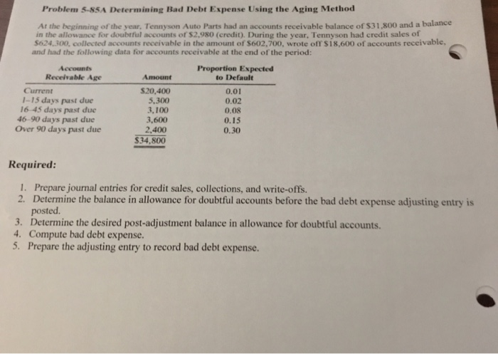  Problem SNSA Determining Bad Debt Expense Using the Aging Method Ar