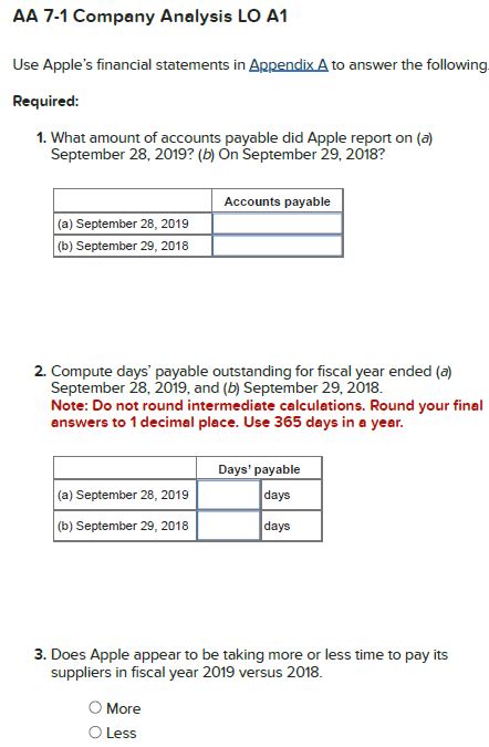  AA 7-1 Company Analysis LO A1 Use Apple's financial statements in