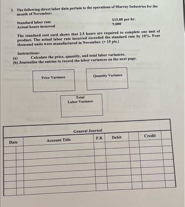 b)a) Calculate the price, Quantity, and Total Labor Variances b) Journalize the