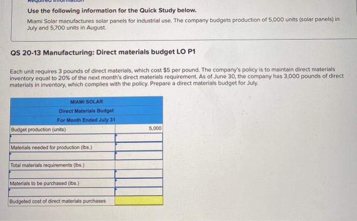  Use the following information for the Quick Study below. Miami Solar