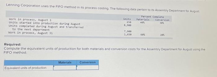  Lenning Corporation uses the FIFO method in its process costing. The