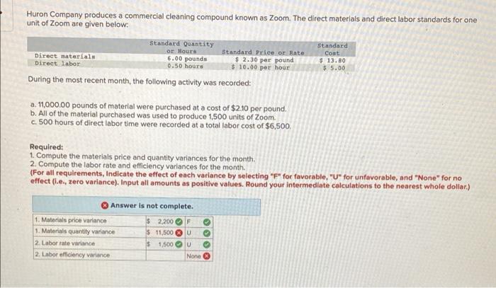 please help with materials quantity variance and labor efficiency variance Huron Company