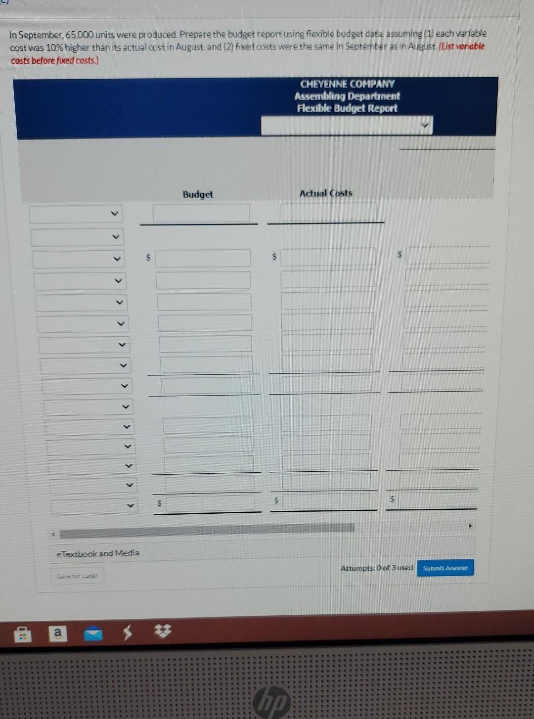 company's Assembling Department is as follows CHEYENNE COMPANY Budget Report Assembling Department