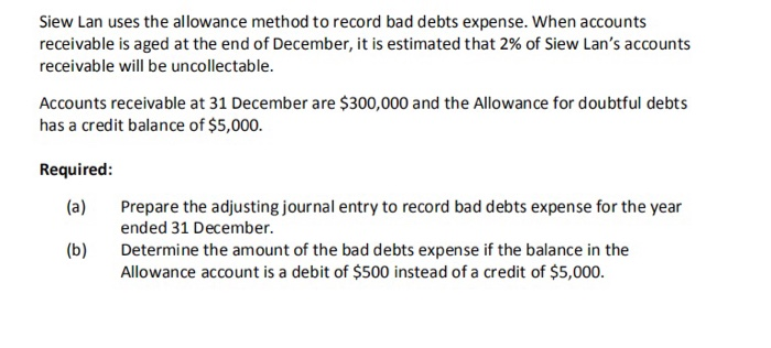  Siew Lan uses the allowance method to record bad debts expense.