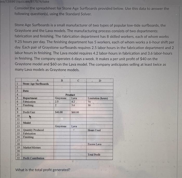 v Consider the spreadsheet for Stone Age Surfboards provided below. Use this