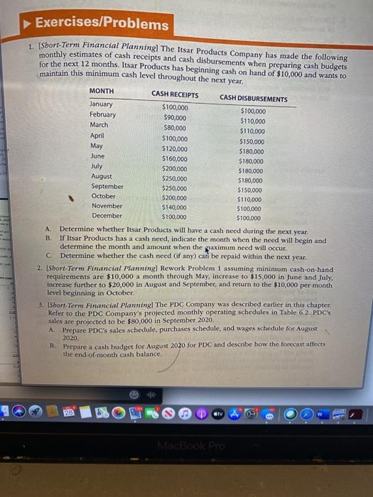  exercise problems questions 1 and 8 Exercises/Problems 1. (Short-Term Financial Planning)