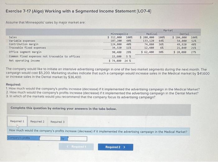 Required 1 and 2 Exercise 7-17 (Algo) Working with a Segmented Income
