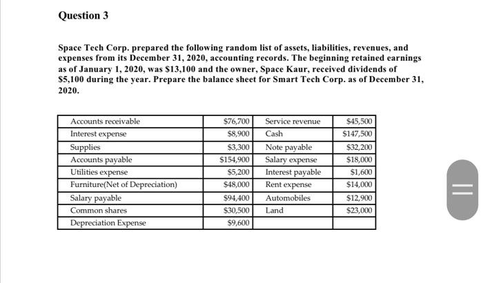  Question 3 Space Tech Corp. prepared the following random list of