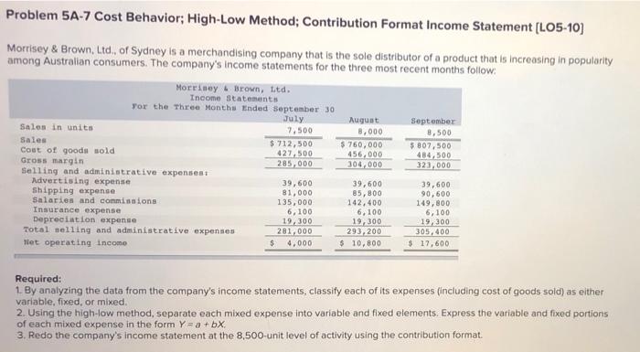  Problem 5A-7 Cost Behavior; High-Low Method; Contribution Format Income Statement (L05-10)