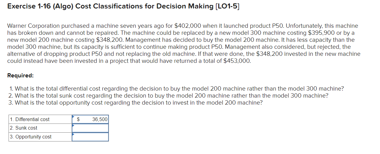  Exercise 1-16 (Algo) Cost Classifications for Decision Making [L01-5] Warner Corporation
