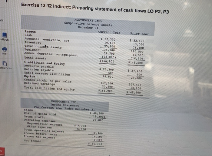  Exercise 12-12 Indirect: Preparing statement of cash flows LO P2, P3