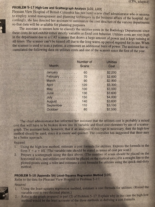  CPA, adapted) PROBLEM 5-17 High-Low and Scattergraph Analysis [L02, LO3] Pleasant