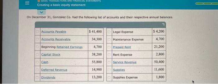  ONS AND FINANCIAL STATEMENTS Creating a basic equity statement On December