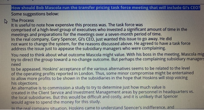  How should Bob Mascola run the transfer pricing task force meeting