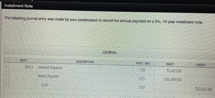  Installment Note The following journal entry was made by your predecessor