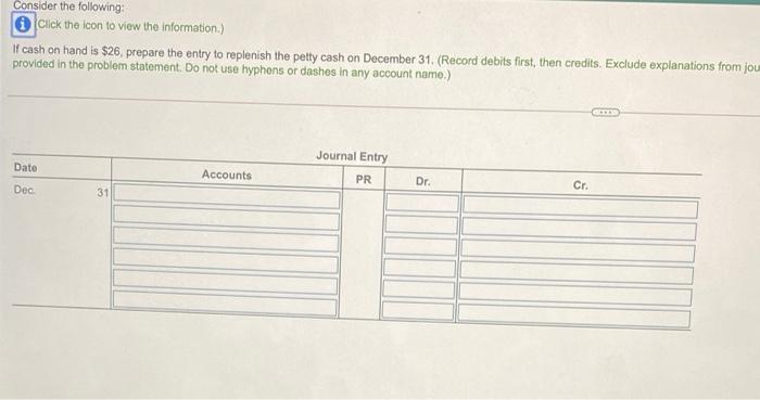 petty cash fund is established. 31 At end of the month the