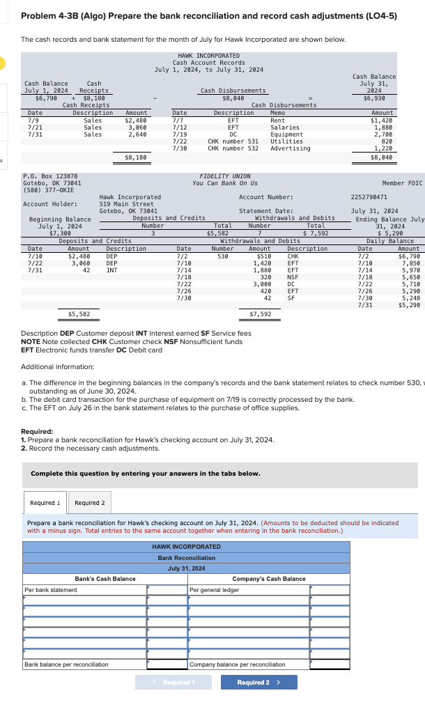  Problem 4-3B (Algo) Prepare the bank reconciliation and record cash adjustments