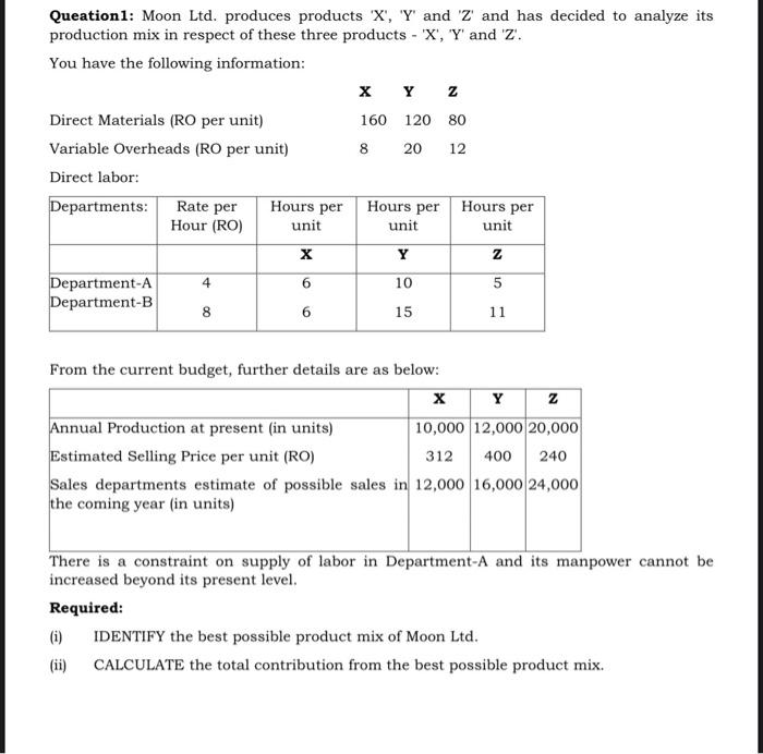  Please make sure the answer is correct Queation1: Moon Ltd. produces