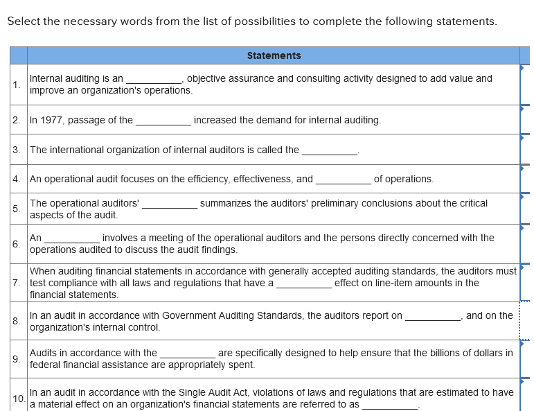 10 options for each question Select the necessary words from the list
