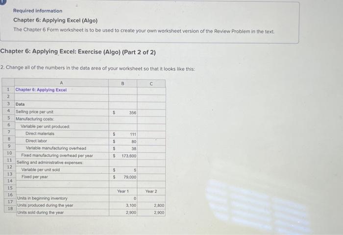  Required information Chapter 6: Applying Excel (Algo) The Chapter 6 Form