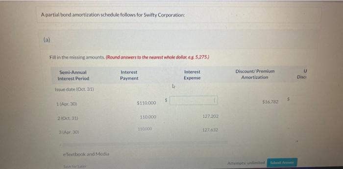 Answer ASAP please..!! A partial bond amortization schedule follows for Swifty Corporation: