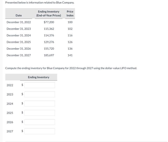 please solve it Presented below is information related to Blue Company. Compute