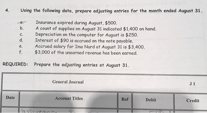  please show adjusting entry journal work Using the following data, prepare