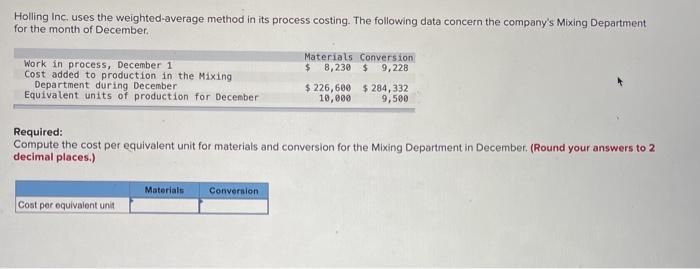  Holling Inc. uses the weighted-average method in its process costing. The