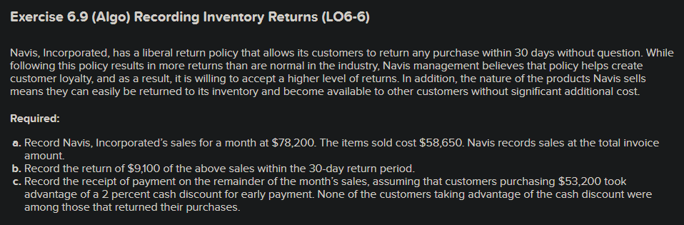  Navis, Incorporated, has a liberal return policy that allows its customers