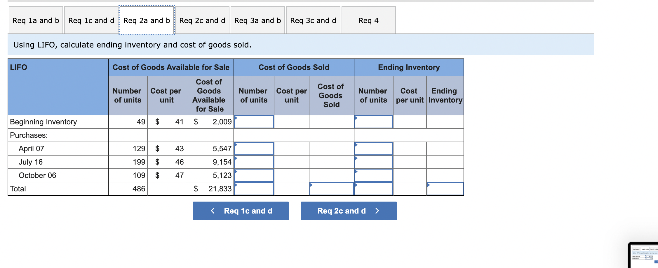 Beginning inventory Purchase Purchase Purchase Number of Units 49 129 199 109
