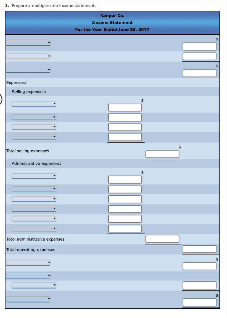 Multiple-step income statement and balance sheet The following selected accounts and their
